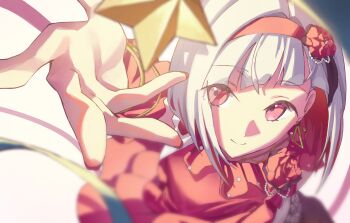 1girl absurdres closed_mouth colored_inner_hair commentary diagonal_bangs dress dress_flower earrings flower flower_hairband hairband highres jewelry link!_like!_love_live! love_live! multicolored_hair official_alternate_costume pink_eyes red_dress red_flower red_hair red_hairband red_rose rose shiawase_no_ribbon single-shoulder_dress single_bare_shoulder solo split_mouth star_(symbol) streaked_hair sunkeun triangle_earrings virtual_youtuber white_hair yugiri_tsuzuri