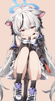 1girl animal_ears bare_shoulders black_hair black_socks blue_archive blue_halo brown_background brown_eyes closed_mouth commentary dress grey_hair halo highres jacket kokona_(blue_archive) long_hair long_sleeves looking_at_viewer multicolored_hair pelvic_curtain pinstripe_jacket pinstripe_pattern sabana simple_background sitting smile socks solo streaked_hair striped_clothes striped_jacket tiger_ears tiger_girl two-tone_hair vertical-striped_clothes vertical-striped_jacket