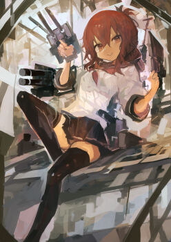 1girl :&gt; absurdres black_sailor_collar black_skirt black_thighhighs brown_eyes brown_hair commentary hair_between_eyes highres holding inazuma_(kancolle) kaamin_(mariarose753) kantai_collection looking_at_viewer miniskirt neckerchief pleated_skirt red_neckerchief rigging sailor_collar school_uniform serafuku sitting skirt smile solo thighhighs