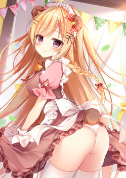 Rule 34 | 1girl, animal ears, apron, ass, bear ears, bear girl, bear tail, blonde hair, blush, bow, braid, breasts, brown dress, closed mouth, clothes lift, commentary request, cowboy shot, dress, dress lift, frilled apron, frills, from behind, hair bow, hair ornament, hairclip, highres, large breasts, long hair, looking at viewer, looking back, maid, maid headdress, original, panties, parallel hairclips, pink eyes, plaid bow, plaid clothes, plaid dress, red bow, shirosei mochi, short dress, short sleeves, single braid, sleeve bow, smile, solo, streamers, tail, thighhighs, underwear, white apron, white panties, white thighhighs