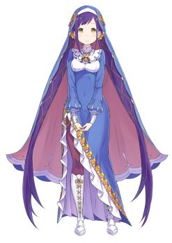 1girl asymmetrical_clothes blue_dress breasts chain covered_navel dress full_body gem gold_chain habit jewelry long_hair long_sleeves looking_at_viewer melty_pristis necklace official_art ootsuka_shin&#039;ichirou orange_gemstone priestess purple_hair re:zero_kara_hajimeru_isekai_seikatsu side_ahoge side_slit small_breasts solo transparent_background twintails very_long_hair white_footwear yellow_eyes