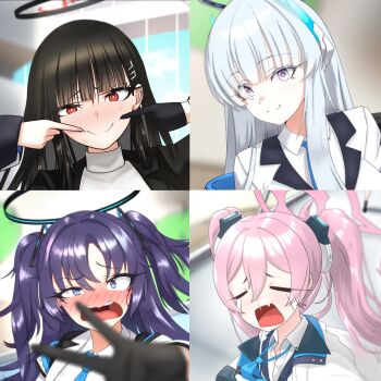 4girls af2345 awkward black_gloves blue_archive blue_necktie blush crying embarrassed gloves halo highres koyuki_(blue_archive) long_hair multiple_girls necktie noa_(blue_archive) rio_(blue_archive) selfie seminar_(blue_archive) smile split_screen taking_picture twintails yuuka_(blue_archive)