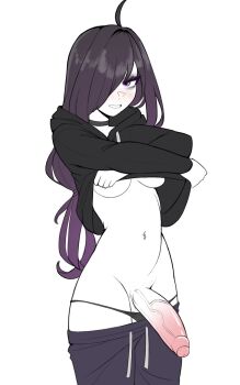 1girl ahoge ater18 breasts choker cowboy_shot futanari girthy_penis hair_over_one_eye highres hood hood_down hoodie large_penis long_hair looking_at_viewer medium_breasts navel navel_piercing original panties pants penis piercing purple_eyes purple_hair simple_background smile solo sweatpants underwear veins veiny_penis white_background