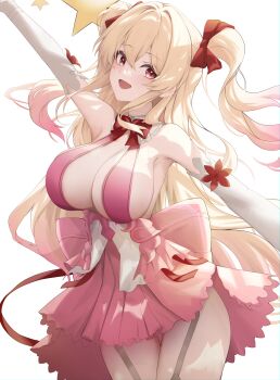 1girl absurdres arm_up armpits azalea_(hiyono) blonde_hair bow bowtie breasts center_opening cleavage commentary detached_sleeves dress english_commentary garter_straps gradient_hair hair_between_eyes hair_bow head_tilt highres large_breasts long_hair looking_at_viewer multicolored_hair nootak open_mouth original outstretched_arm pink_dress pink_hair red_bow red_bowtie red_eyes sideboob simple_background smile solo standing star_(symbol) thighs two_side_up very_long_hair white_background