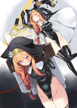 1girl absurdres animal_ear_headwear animal_ears bdsm black_leotard black_thighhighs black_veil blue_archive blue_eyes blush bondage bound bound_wrists braid breasts cameltoe coif cosplay covered_navel cuffs defeat fake_animal_ears flower gloved_sleeves gun halo handgun hiememiko highleg highleg_leotard highres justina_follower_(blue_archive) justina_follower_(blue_archive)_(cosplay) latex latex_leotard latex_thighhighs leash leash_pull leotard long_hair mari_(blue_archive) medium_breasts multiple_views nun orange_hair pillory restrained shackles single_braid slave solo thighhighs veil weapon white_flower yellow_halo