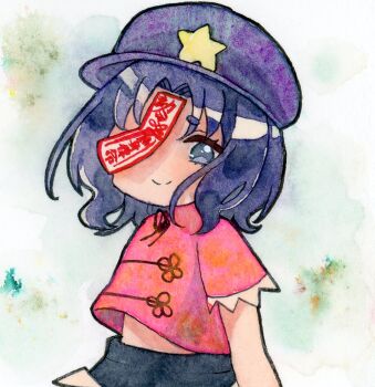 1girl black_ribbon black_skirt blush chinese_clothes closed_mouth commentary_request cowboy_shot grey_background grey_eyes hat hat_ornament jiangshi lace-trimmed_sleeves lace_trim looking_at_viewer miyako_yoshika neck_ribbon newsboy_cap ofuda painting_(medium) pppppks purple_hair purple_hat red_shirt ribbon shirt short_hair short_sleeves skirt smile solo star_(symbol) star_hat_ornament tangzhuang touhou traditional_media watercolor_(medium)