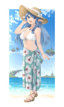 1girl absurdres beach bikini blue_eyes blue_hair bow braid breasts cleavage cloud collarbone duel_monster elf floating_island front-tie_bikini_top front-tie_top full_body hair_tie hat hat_bow highres jewelry large_breasts looking_at_viewer meshida_(lux-far-accelerator) midriff navel necklace open_mouth pointy_ears sandals sarong side_braid solo sun_hat swimsuit teeth upper_teeth_only water_enchantress_of_the_temple white_bikini yu-gi-oh!
