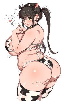 1girl animal_ear_hairband animal_ears animal_print ass back belly bikini black_choker black_hair black_hairband blush breasts cellulite choker cow_ear_hairband cow_ears cow_horns cow_print cow_print_bikini cow_print_thighhighs cowbell english_text fake_animal_ears fake_horns fingertips_together from_behind hair_tie hairband heart horn_hairband horns huge_ass huge_breasts kharon kharuart long_hair looking_back mole mole_on_ass mole_on_back mole_on_breast mole_on_neck neck_bell open_mouth original plump print_bikini print_thighhighs sideboob smile solo spoken_heart standing swimsuit thick_thighs thighhighs thighs twintails white_background yellow_eyes