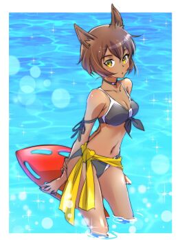 Rule 34 | 1girl, animal ears, arms behind back, ass, bikini, black bikini, black bra, black panties, blush, bra, breasts, brown hair, cleavage, collarbone, dark-skinned female, dark skin, day, faunus (rwby), female focus, front-tie bikini top, front-tie top, highres, holding own arm, iesupa, lifeguard, looking to the side, multicolored bikini, multicolored bikini bottom, multicolored bikini top, multicolored bra, multicolored panties, multicolored underwear, navel, outdoors, panties, parted lips, rescue buoy, ribbon, rwby, sash, short hair, solo, sparkle, standing, standing in water, swimsuit, underwear, wading, water, white bikini, white bra, white panties, yellow eyes, yellow ribbon, yellow sash