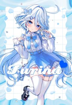 Rule 34 | 1girl, ahoge, alternate costume, bag, bare shoulders, blue bow, blue bowtie, blue eyes, blue hair, blue skirt, blue streaks, blush, bow, bowtie, cellphone, cellphone charm, center-flap bangs, character name, charm (object), choker, closed mouth, clothing cutout, collared shirt, colored inner hair, drop-shaped pupils, foot out of frame, forked hair, frilled shirt, frilled skirt, frilled straps, frilled suspenders, frills, furina (genshin impact), genshin impact, hair bow, hair intakes, hair ornament, handbag, head tilt, high-waist skirt, highres, holding, holding phone, ineka ka, layered skirt, legwear garter, long hair, long sleeves, looking at viewer, miniskirt, mismatched pupils, multicolored hair, phone, raised eyebrows, shell, shell hair ornament, shirt, shoulder cutout, simple background, single legwear garter, skindentation, skirt, smartphone, smile, solo, standing, standing on one leg, streaked hair, suspender skirt, suspenders, symbol-shaped pupils, thick thighs, thigh strap, thighhighs, thighs, very long hair, w arms, white background, white choker, white hair, white shirt, white thighhighs