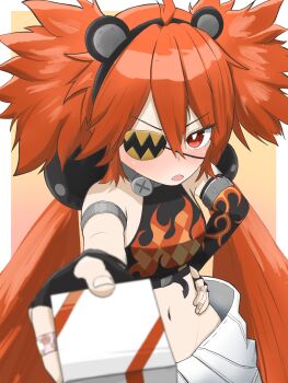 1girl ahoge animal_ears bare_shoulders bear_ears black_gloves breasts crop_top eyepatch fake_animal_ears fingerless_gloves gloves hair_between_eyes hair_ornament highres holding koleda_belobog long_hair looking_at_viewer midriff navel pants red_eyes red_hair simesaba_(xwdt4337) solo sphere_hair_ornament twintails valentine zenless_zone_zero