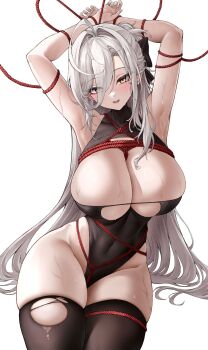 1girl armpits arms_up azur_lane bdsm black_leotard black_thighhighs blush bondage bound bound_arms breasts cleavage closed_mouth commentary_request covered_navel hair_between_eyes hair_intakes hakuhou_(azur_lane) hakuhou_(floral_ninja_roleplay)_(azur_lane) highleg highleg_leotard highres lds_(dstwins97) leotard long_hair long_hair_between_eyes looking_at_viewer official_alternate_costume official_alternate_hairstyle red_rope rope shibari shibari_over_clothes simple_background solo sweat thick_thighs thighhighs thighs very_long_hair white_background white_hair yellow_eyes