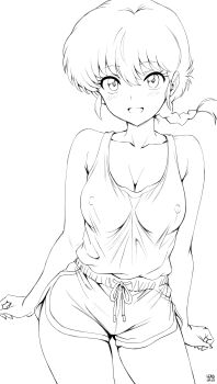 1girl :d absurdres artist_name braid breasts collarbone commentary covered_erect_nipples cowboy_shot dolphin_shorts english_commentary head_cha_la high_contrast highres large_breasts lineart looking_at_viewer monochrome open_mouth ranma_1/2 saotome_ranma saotome_ranma_(female) shorts simple_background single_braid smile solo standing tank_top thighs unfinished white_background