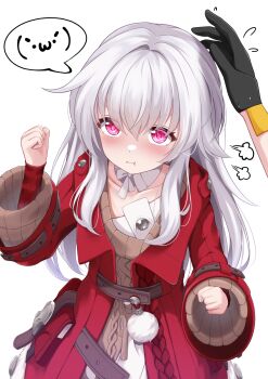 1girl belt blush chi_xiao clara_(honkai:_star_rail) collarbone dress emoticon grey_hair highres honkai:_star_rail honkai_(series) jacket long_hair long_sleeves looking_at_viewer pink_eyes pout red_jacket simple_background solo_focus trailblazer_(honkai:_star_rail) white_background white_dress