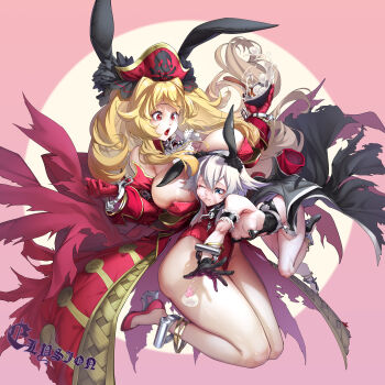 2girls ;t absurdres animal_ears anne_bonny_(fate) anne_bonny_(swimsuit_archer)_(third_ascension)_(fate) areola_slip black_gloves black_leotard black_shoes blonde_hair blue_eyes bowl breasts commentary_request covered_erect_nipples elysion_(1624528315) facing_viewer fake_animal_ears fate/grand_order fate_(series) gloves hat highres holding holding_bowl large_breasts leotard long_hair mary_read_(fate) mary_read_(swimsuit_archer)_(third_ascension)_(fate) multiple_girls one_eye_closed pink_background pirate_hat rabbit_ears reaching red_eyes red_gloves red_shoes shoes simple_background skull_and_crossbones white_hair