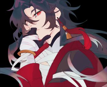 Rule 34 | 1boy, absurdres, avidyae, bandaged chest, bandaged hand, bandages, bangle, black background, blade (honkai: star rail), blue hair, bracelet, double-parted bangs, earrings, gloves, gradient hair, hair over one eye, hashtag-only commentary, highres, honkai (series), jacket, jewelry, long hair, multicolored hair, open clothes, open jacket, red eyes, red jacket, single earring, slit pupils, staring, tassel, tassel earrings, very long hair