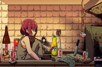 1girl alcohol alcohol_carton bocchi_the_rock! bow bug canned_fish counter cutting_board dress drink_carton faucet fly from_side glass_bottle goumonsha grey_dress hair_bow hair_over_shoulder highres hiroi_kikuri hugging_own_legs insect kitchen knife profile purple_hair sink sleeveless sleeveless_dress soap_bottle solo stove tile_wall tiles towel wilted_flower