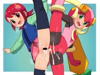 2girls aqua_shirt black_thighhighs blue_vest blush bodysuit brown_eyes chiwino cum cum_on_body cum_on_clothes flustered green_eyes helmet long_hair mayl_sakurai_(mega_man) mega_man_(series) mega_man_battle_network_(series) multicolored_bodysuit multiple_girls pink_bodysuit pink_helmet pink_skirt pussy red_bodysuit red_hair roll.exe_(mega_man) shirt skirt split standing standing_on_one_leg standing_split thighhighs vest wavy_mouth