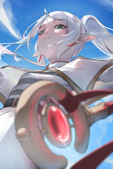 1girl absurdres belt black_belt black_shirt blue_sky capelet closed_mouth commentary_request earrings elf frieren from_below green_eyes highres holding holding_staff jewelry long_hair looking_at_viewer looking_down mage_staff meme multicolored_shirt pointy_ears shirt skirt sky solo sousou_no_frieren staff striped_clothes striped_shirt twintails two-tone_shirt upper_body upward_angle_frieren_drawing_(meme) white_capelet white_hair white_shirt white_skirt yawww_(yawwwart)