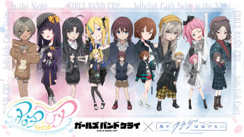 6+girls ahoge arched_bangs arm_up arms_up artist_request awa_subaru bandaid bandaid_on_knee bandaid_on_leg beanie black_boots black_gloves black_jacket black_pantyhose black_socks black_thighhighs blonde_hair blue_coat blue_eyes blue_necktie blue_shorts blue_socks blush boots bow breasts brown_boots brown_eyes brown_hair brown_skirt brown_sweater clenched_teeth closed_mouth coat copyright_name dress earrings ebizuka_tomo fang fingerless_gloves fishnet_pantyhose fishnets girls_band_cry gloves green_eyes green_streaks grey_eyes grey_hair grey_hat grey_shirt grey_skirt hair_between_eyes hand_up hands_on_own_hips hat hat_bow highres iseri_nina jacket jewelry kawaragi_momoka kouzuki_mahiru long_hair long_hair_between_eyes long_sleeves looking_at_viewer low_twintails medium_breasts medium_hair mole mole_under_eye multicolored_hair multiple_girls necktie official_art one_side_up open_clothes open_jacket open_mouth pants pantyhose pink_hair plaid_clothes plaid_pants pleated_skirt purple_dress purple_eyes purple_hair red_eyes red_shoes red_shorts red_sweater roots_(hair) rupa_(girls_band_cry) shirt shoes short_hair short_twintails shorts single_off_shoulder skin_fang skirt sleeveless sleeveless_shirt sleeves_past_wrists socks sweater takanashi_kim_anouk_mei teeth teshima_nari thigh_strap thighhighs tied_shirt togenashi_togeari tongue tongue_out twintails v watase_kiui white_boots white_shirt white_shoes yamanouchi_kano yellow_bow yellow_hat yellow_pants yoru_no_kurage_wa_oyogenai