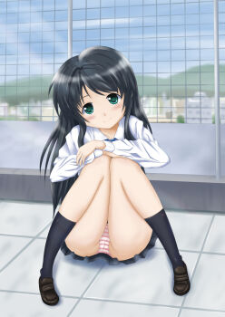 1girl black_hair black_skirt black_socks blue_ribbon blush brown_shoes building chain-link_fence city cityscape cloud collarbone crotch_seam fence green_eyes hands_on_own_knees long_hair long_sleeves looking_at_viewer mountain neck_ribbon original panties pink_panties ribbon school_uniform shirt shoes sitting skirt sky smile socks striped_clothes striped_panties underwear white_shirt yukki_(pixiv_883266)