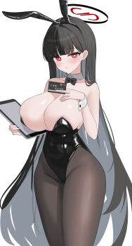 1girl absurdres animal_ears bare_shoulders black_bow black_bowtie black_hair black_pantyhose blue_archive blush bow bowtie breasts cleavage commentary_request covered_navel detached_collar fake_animal_ears halo highres holding holding_tablet_pc large_breasts long_hair looking_at_viewer pantyhose parang99 playboy_bunny rabbit_ears red_eyes ringed_eyes rio_(blue_archive) simple_background solo sweatdrop tablet_pc very_long_hair white_background wrist_cuffs