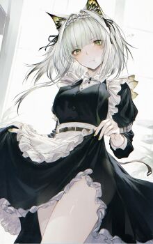 1girl absurdres animal_ears apron arknights arm_belt belt black_ribbon bow bowtie breasts cat_ears cat_girl closed_mouth clothes_lift commentary_request cowboy_shot frilled_apron frilled_skirt frills green_eyes green_hair green_nails hair_ribbon highres kal'tsit_(arknights) kal'tsit_(the_remains_of_time)_(arknights) lifting_own_clothes long_sleeves looking_at_viewer maid maid_apron maid_headdress medium_breasts medium_hair official_alternate_costume pout renoahh ribbon skirt skirt_lift solo white_belt white_bow white_bowtie