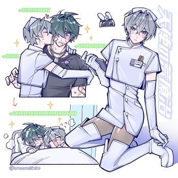 Rule 34 | 2boys, :d, ahoge, arrow (symbol), artist name, bandaid, bandaid on arm, bandaid on cheek, bandaid on face, bangboo (zenless zone zero), bed, black shirt, blush, blush stickers, boots, breast pocket, brown pantyhose, buttons, candy, chibi, clipboard, closed eyes, closed mouth, collarbone, commentary request, cropped shirt, crossdressing, crossdressing (mtf), crossed bangs, dog tags, elbow gloves, flying sweatdrops, food, gauze, gauze on cheek, gloves, green eyes, green hair, grey hair, hair between eyes, hair intakes, hair over one eye, hat, head mirror, healing, heart, high-waist skirt, highres, holding, holding clipboard, hospital bed, hug, id card, jewelry, kiss, kissing cheek, lighter (zenless zone zero), lollipop, looking at viewer, lying, male focus, multiple boys, multiple scars, multiple views, necklace, nurse, nurse cap, on back, one eye covered, open mouth, pantyhose, parted lips, pen, pillow, pocket, scar, scar on arm, shirt, short hair, short sleeves, side slit, simple background, skirt, smile, sparkle, surprised, sweatdrop, t-shirt, thigh boots, twitter username, under covers, urouroshiro, white background, white boots, white gloves, white hat, white shirt, white skirt, wise (zenless zone zero), yaoi, zenless zone zero