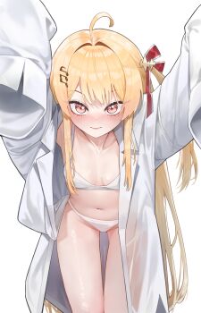 1girl :&gt; absurdres ahoge alternate_costume beamed_eighth_notes bikini bikini_under_clothes blonde_hair blush breasts breasts_apart closed_mouth coat collarbone cowboy_shot eighth_note fortissimo groin hair_intakes hair_ornament hair_ribbon highres hololive hololive_dev_is lab_coat lapels leaning_forward long_hair long_sleeves looking_at_viewer musical_note musical_note_hair_ornament navel nose_blush notched_lapels one_side_up open_clothes open_coat otonose_kanade outstretched_arms reaching reaching_towards_viewer reachisang red_eyes red_ribbon ribbon shiny_skin simple_background sleeves_past_fingers sleeves_past_wrists small_breasts solo stomach swimsuit thigh_gap translucent tsurime upturned_eyes very_long_hair virtual_youtuber white_background white_bikini white_coat