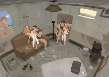 2girls absurdres bar_censor bkbbkbkk bound bound_wrists cellphone censored chaos_(yui_yuu) commentary couch cum english_commentary fingering glasses highres key loli multiple_boys multiple_girls no_panties original phone pill round_eyewear short_hair thighhighs torn_clothes torn_thighhighs white_thighhighs