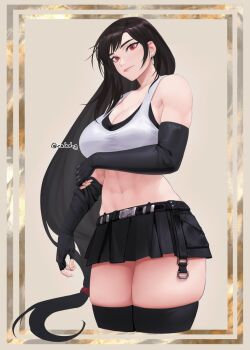 1girl abs adjusting_clothes adjusting_gloves artist_name bare_shoulders black_gloves black_hair black_skirt black_thighhighs breasts cleavage collarbone crop_top earrings elbow_gloves final_fantasy final_fantasy_vii final_fantasy_vii_remake fingerless_gloves floating_earrings gabriel_carrasquillo gloves highres jewelry large_breasts long_hair looking_at_viewer low-tied_long_hair midriff navel red_eyes shirt skirt smile solo stomach suspenders swept_bangs tank_top taut_clothes taut_shirt thighhighs thighs tifa_lockhart toned twitter_username undershirt very_long_hair white_tank_top