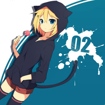 Rule 34 | 1girl, animal ears, animal hoodie, black thighhighs, blonde hair, blue eyes, candy, cat ears, cat girl, cat tail, female focus, food, hood, hoodie, kagamine rin, lollipop, looking at viewer, natsume3304, short hair, simple background, standing, straight hair, tagme, tail, thighhighs, vocaloid, zettai ryouiki