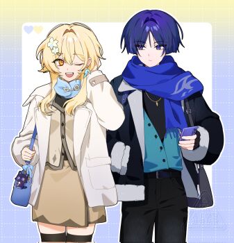 Rule 34 | 1boy, 1girl, alternate costume, arm at side, bag, beads, belt, belt buckle, black belt, black gloves, black jacket, black pants, black shirt, black sleeves, black thighhighs, blonde hair, blouse, blue bag, blue bow, blue cardigan, blue scarf, blunt ends, bow, brown shirt, brown skirt, buckle, cardigan, casual, cellphone, closed mouth, commentary request, contemporary, earrings, eyelashes, feather earrings, feathers, fingerless gloves, flower, fringe trim, fur-trimmed jacket, fur-trimmed sleeves, fur trim, genshin impact, gloves, grey bag, grid border, hair between eyes, hair flower, hair intakes, hair ornament, hairclip, hand in own hair, hand in pocket, hand up, heart, highres, holding, holding phone, jacket, jewelry, korean commentary, lapels, long sleeves, looking at another, lumine (genshin impact), medium skirt, one eye closed, open clothes, open jacket, open mouth, pants, parted bangs, partially unbuttoned, phone, purple eyes, purple hair, scaramouche (cat) (genshin impact), scaramouche (genshin impact), scarf, shirt, short hair, short hair with long locks, shoulder bag, sia37068010, sidelocks, sideways glance, skirt, smartphone, stuffed animal, stuffed toy, teeth, thighhighs, tsurime, undershirt, upper teeth only, wanderer (genshin impact), white background, white flower, white jacket, white sleeves, white trim