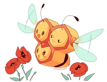 Rule 34 | absurdres, animal focus, artist name, brown eyes, clip studio paint (medium), closed eyes, closed mouth, combee, commentary, english commentary, flower, flying, fourleafisland, full body, gen 4 pokemon, highres, honeycomb (object), making-of available, motion blur, nintendo, no humans, open mouth, pokemon, pokemon (creature), poppy (flower), red flower, simple background, solo, white background