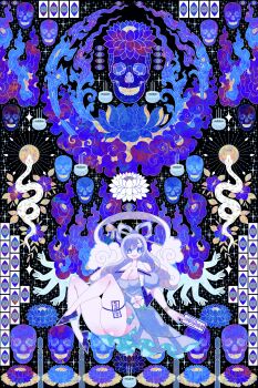 1girl absurdres bare_legs blue_dress blue_eyes blue_fire blue_hair blue_nails blue_shoes blue_theme boku_(isizakitakasi) breasts bright_pupils cleavage commentary_request dress fingernails fire flower hagoromo hair_ornament hair_rings hair_stick highres kaku_seiga knees_up large_breasts long_fingernails looking_at_viewer lotus open_mouth puffy_short_sleeves puffy_sleeves shawl shoes short_sleeves skindentation skull smile snake solo thick_thighs thighs touhou white_pupils white_snake