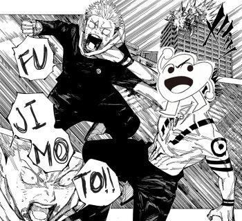 Rule 34 | 1boy, angry, arm tattoo, building, chest tattoo, city, clenched hand, destruction, explosion, facial tattoo, fighting, fujimoto tatsuki, fushiguro megumi, highres, itadori yuuji, jujutsu kaisen, jujutsu tech uniform, manga panel, meme, motion lines, no pupils, official art, open mouth, ryoumen sukuna (jujutsu kaisen), sakuna, shounen jump, tattoo, third-party edit