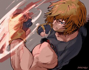 1boy arm_up beard_stubble biceps black_gloves black_shirt blonde_hair blue_eyes closed_mouth commentary crew_neck english_commentary facial_hair fire forked_eyebrows gloves grey_background highres ken_masters looking_to_the_side male_focus mista0930 muscular muscular_male pyrokinesis shirt short_sleeves sideways_glance signature street_fighter street_fighter_6 stubble t-shirt upper_body veins veiny_arms