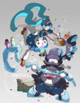 1girl 1other apron aqua_eyes aqua_hair blue_dress blush bow burger cane commentary cup dress drinking_straw facial_hair food french_fries frilled_apron frills gen_8_pokemon grey_background hair_bow hatsune_miku holding holding_cane holding_tray ice_cream long_hair maid_apron mesmerizer_(vocaloid) mr._rime mustache nejikyuu nintendo open_mouth poke_ball pokemon pokemon_(creature) puffy_short_sleeves puffy_sleeves roller_skates short_sleeves simple_background skates tray twintails very_long_hair visor_cap vocaloid waist_apron waist_poke_ball watermark white_apron