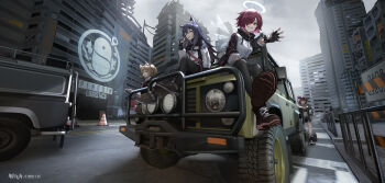 14sky 4girls :d ;d absurdres ahoge animal_ear_fluff animal_ears arknights black_capelet black_footwear black_hair black_jacket black_legwear black_shorts black_skirt black_vest blonde_hair boots brown_footwear building capelet car clipboard closed_mouth cloud cloudy_sky collared_shirt commentary_request croissant_(arknights) crossed_legs day detached_wings english_text exusiai_(arknights) fur-trimmed_hood fur_trim green_eyes hair_between_eyes hair_over_one_eye halo highres hood hood_down hooded_jacket jacket mirrored_text motor_vehicle multiple_girls navel necktie on_car one_eye_closed open_clothes open_jacket open_mouth outdoors pantyhose pantyhose_under_shorts penguin_logistics_(arknights) railing red_eyes red_hair red_necktie ruins shirt shoe_soles short_shorts shorts sitting skirt sky skyscraper smile sora_(arknights) texas_(arknights) thumbs_up traffic_cone traffic_light transparent_wings twintails unused_tire vehicle_focus vest visor white_jacket white_shirt wings yellow_eyes