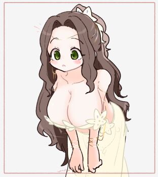 1girl bare_shoulders blush bra bracelet breasts brown_hair cleavage collarbone commentary cowboy_shot flower forehead gold_bracelet green_eyes hair_flower hair_ornament highres inset_border jewelry large_breasts leaning_forward long_hair looking_down notice_lines olto_rondo open_mouth original simple_background skirt solo symbol-only_commentary underwear white_background yellow_bra yellow_skirt