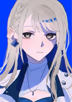 1girl azusawa_kohane blue_background blue_hair braid brown_eyes closed_mouth colored_inner_hair commentary earrings grey_hair hashtag-only_commentary highres jewelry long_hair multicolored_hair necklace portrait project_sekai simple_background sirakokenn_625 solo whip_the_wimp_girl!!_(project_sekai)