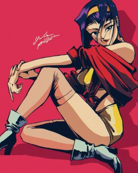 Rule 34 | 1girl, breasts, cowboy bebop, faye valentine, girigiri yukka, green eyes, hairband, highres, legs, lipstick, looking at viewer, makeup, on floor, purple hair, red background, shorts, solo, white footwear, yellow hairband, yellow shorts