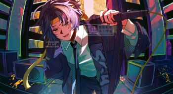Rule 34 | 1boy, asaba harumasa, black hair, black necktie, black pants, blue jacket, commentary, cowboy shot, headband, highres, holding, holding microphone, jacket, leaning forward, looking at viewer, male focus, microphone, microphone stand, necktie, open mouth, pants, parted bangs, shirt, short hair, solo, sshooooe, twitter username, white shirt, yellow eyes, yellow headband, zenless zone zero