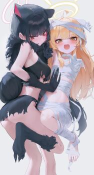 Rule 34 | 2girls, absurdres, animal ears, ass, bandages, black gloves, black hair, blonde hair, blue archive, breasts, cat ears, claw pose, flat chest, gloves, halo, highres, kazusa (blue archive), kazusa (halloween) (blue archive), long hair, medium breasts, multiple girls, mummy costume, naked bandage, open mouth, red eyes, simple background, standing, standing on one leg, tou tou, v-shaped eyebrows, werewolf costume, yellow eyes, yoshimi (blue archive), yoshimi (halloween) (blue archive)