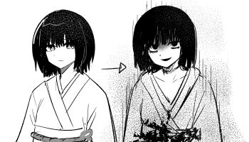 Rule 34 | 1girl, arms at sides, arrow (symbol), bags under eyes, blood, blood on clothes, bob cut, closed mouth, collarbone, commentary, evil smile, fatal frame, fatal frame ii: crimson butterfly, greyscale, highres, kurosawa sae, long sleeves, looking at viewer, monochrome, multiple views, no pupils, obi, obijime, parted lips, right-over-left kimono, rog 33, sash, short hair, simple background, smile, strangulation mark, untranslatable commentary, upper body, white background