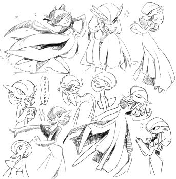 absurdres bob_cut closed_eyes dizzyspells dress drinking drinking_straw flying_sweatdrops gardevoir gen_3_pokemon hair_over_one_eye highres leaning_forward multiple_views nintendo poke_ball_symbol pokemon pokemon_(creature) simple_background sparkle white_background