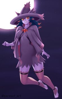 1girl absurdres artist_name barefoot black_hair black_nails cape colored_sclera colored_skin dress feet female_focus floating full_body full_moon gen_4_pokemon grin hat highres looking_at_viewer medium_hair mismagius moon multicolored_hair nail_polish night night_sky nintendo paravet personification pokemon pokemon_(creature) purple_cape purple_dress purple_skin purple_thighhighs red_eyes red_hair signature sky smile solo streaked_hair teeth thighhighs toenail_polish toenails toes twitter_username witch witch_hat yellow_sclera zettai_ryouiki