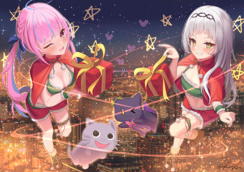 2girls absurdres alternate_costume bikini blue_bow blue_streaks blush bow breasts brown_shoes capelet christmas_present cleavage closed_mouth commentary_request fur-trimmed_jacket fur-trimmed_shorts fur_trim gift green_bikini green_shirt grey_hair hair_bow highres holding holding_gift hololive jacket kaju_paint long_hair looking_at_viewer medium_breasts minato_aqua multiple_girls murasaki_shion neko_(minato_aqua) one_eye_closed open_mouth pink_hair purple_eyes red_capelet red_shorts red_skirt shiokko_(murasaki_shion) shirt shoes short_eyebrows shorts sidelocks skirt small_breasts smile swimsuit thigh_strap twintails very_long_hair virtual_youtuber yellow_eyes