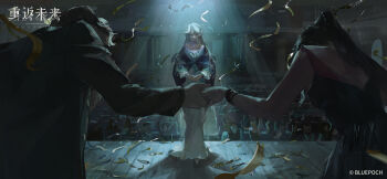 1boy 2girls audience backless_dress backless_outfit beryl_bouanich black_cloak black_hair black_jacket blonde_hair blue_eyes bowing cloak copyright_name copyright_notice crescent crescent_earrings crystal_earrings dragonfly_hair_ornament dress earrings floating_earrings from_behind highres holding_hands jacket jewelry logo long_dress long_hair looking_at_viewer mismatched_earrings multiple_girls official_art official_wallpaper reverse:1999 sleeveless sleeveless_dress spotlight stage standing streamers white_dress