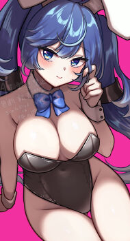 Rule 34 | 1girl, animal ears, bare shoulders, black leotard, blue bow, blue bowtie, blue eyes, blue hair, blush, bow, bowtie, breasts, cleavage, closed mouth, commentary request, covered navel, fake animal ears, fingernails, hand up, highres, iuno (wuthering waves), large breasts, leotard, long hair, looking at viewer, multicolored hair, pink background, rabbit ears, solo, strapless, strapless leotard, streaked hair, thigh gap, thighs, uissu, wuthering waves